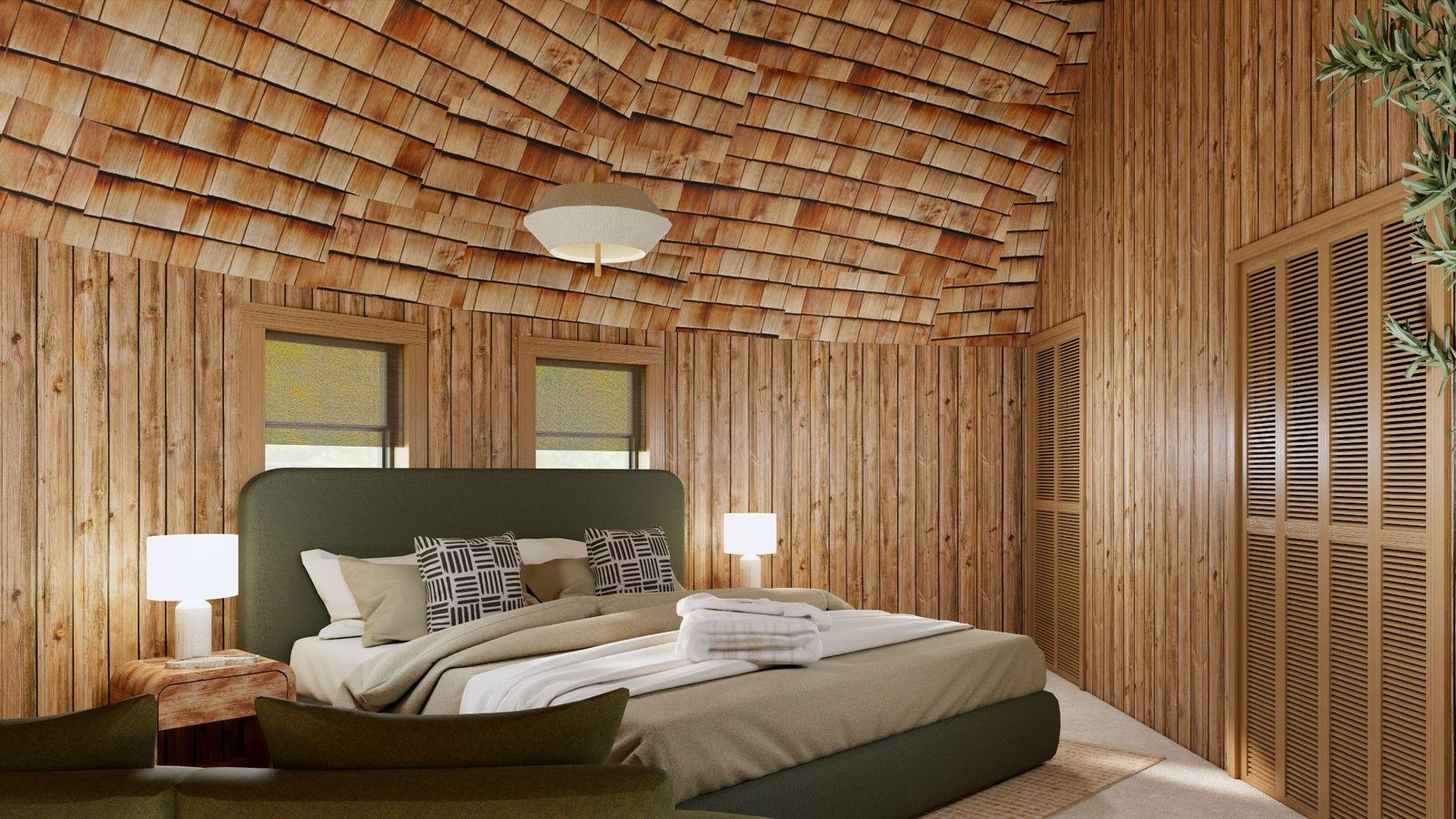 Design rendering of the bedroom from the doorway
