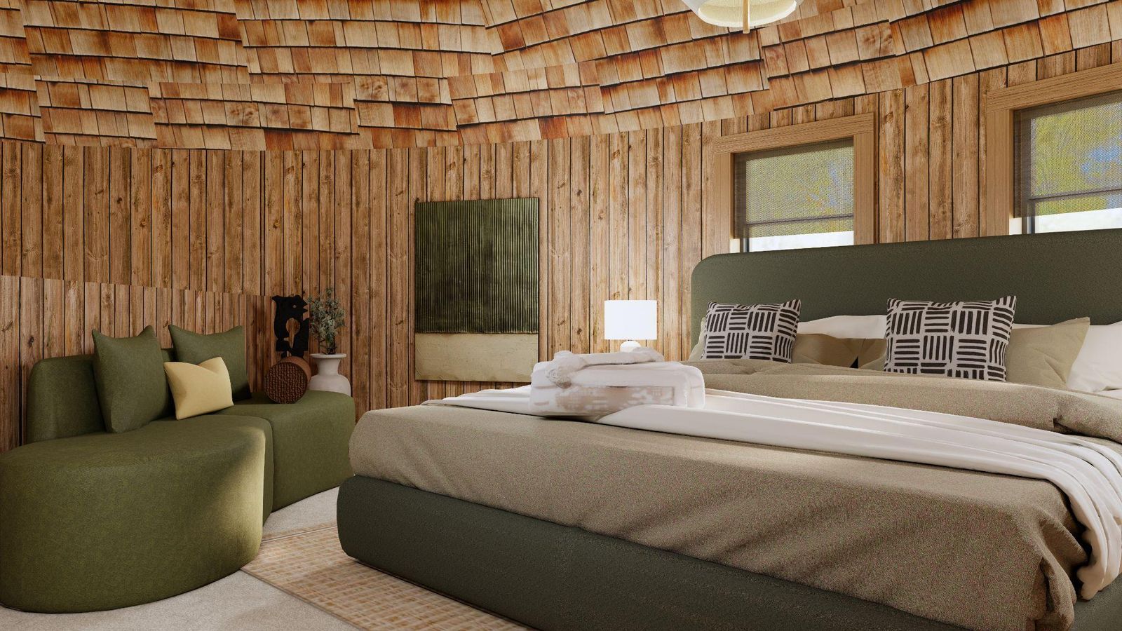 Design rendering of the bedroom beneath the cedar shake ceiling