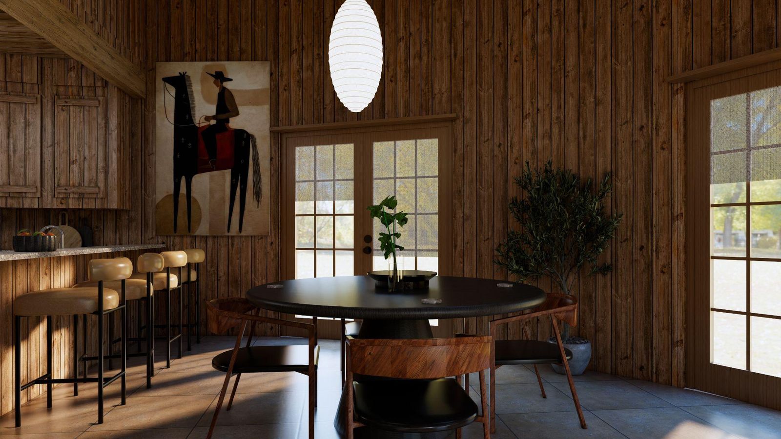 Design rendering of the timber kitchen and round dining table
