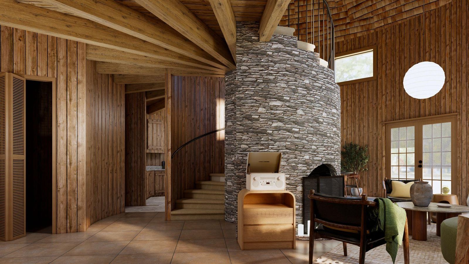 Design rendering of the entry, looking through to the chimney and the spiral stair