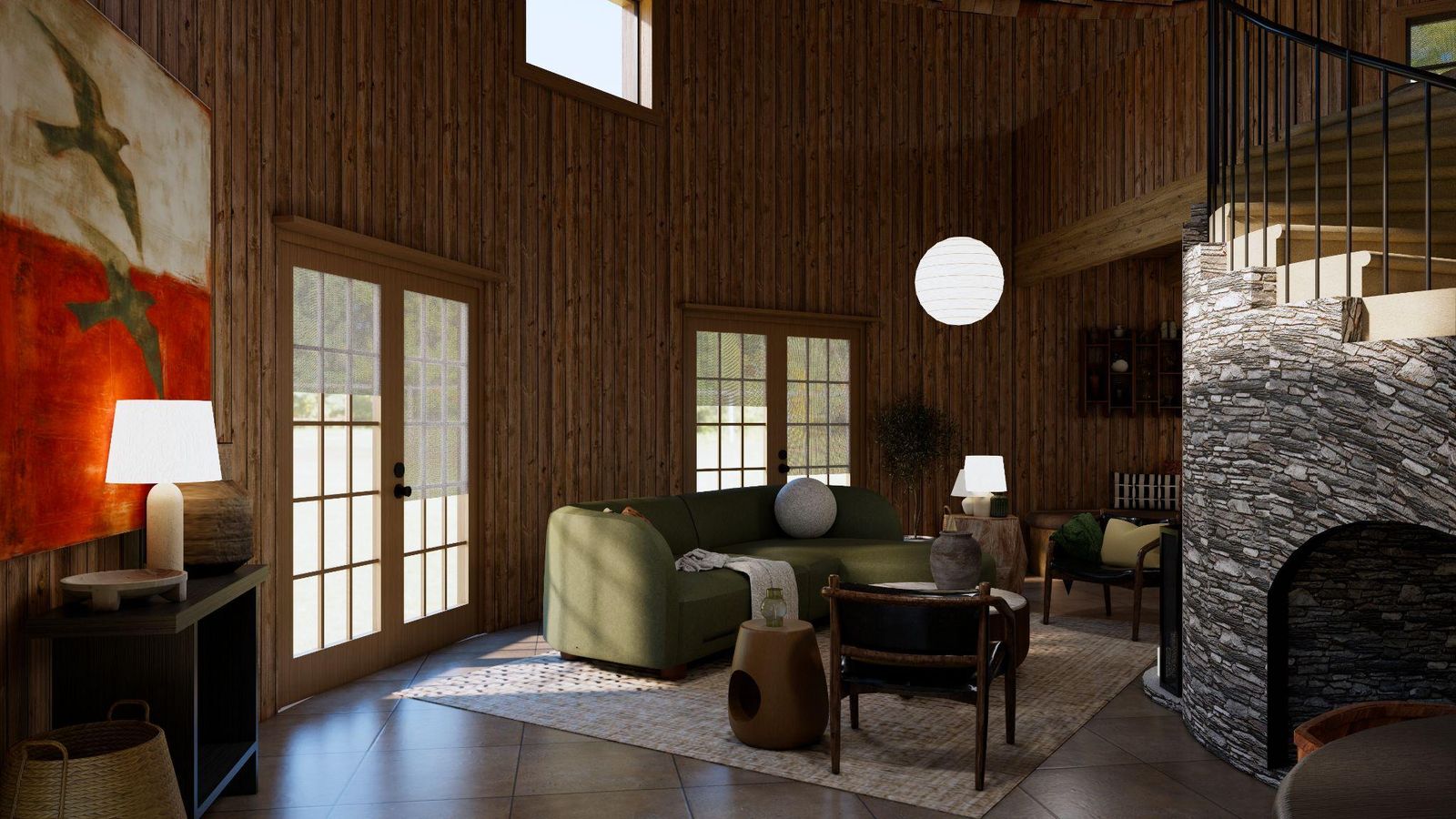 Design rendering of the seating area beside the stone fireplace