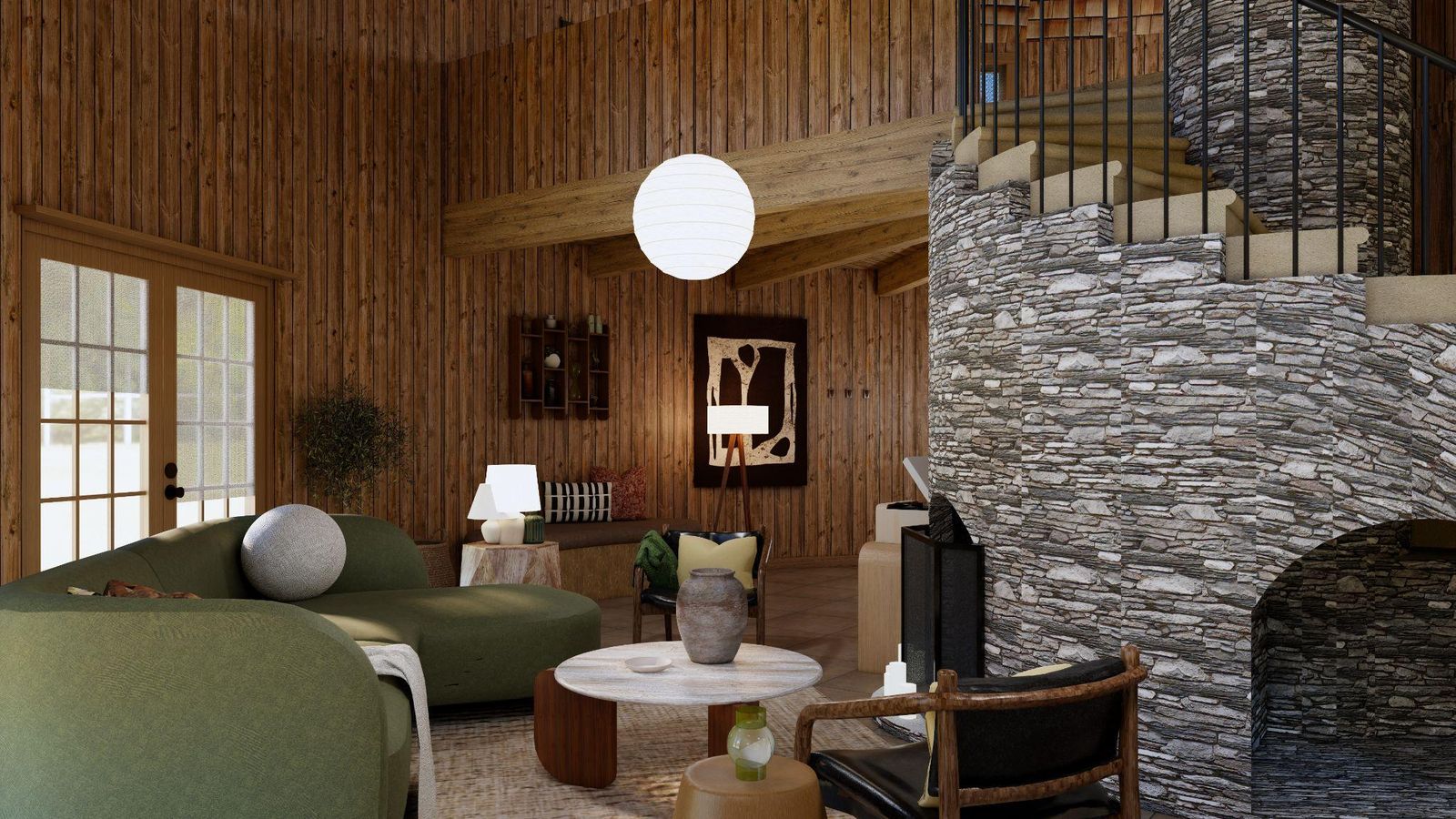 Design rendering of the restored living area around the stone chimney
