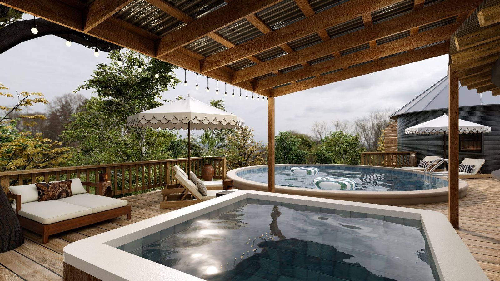 Design rendering of the pool and hot tub on the finished deck